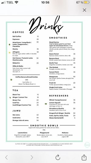 Drinks, green dots for what I really loved, yellow for what was „just“ nice  at Ombak Zero Waste Cafe in Lembongan