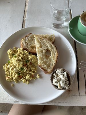 The basic scrambled tofu with extra vegan feta   at Ombak Zero Waste Cafe in Lembongan