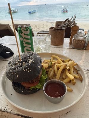 Vegan burger (with a view 😝)  at Ombak Zero Waste Cafe in Lembongan