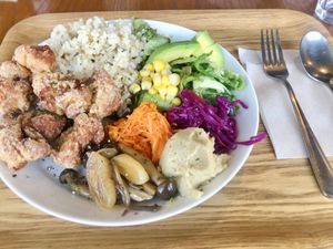 Vegan karrage bowl  at Optimus Cafe in Osaka