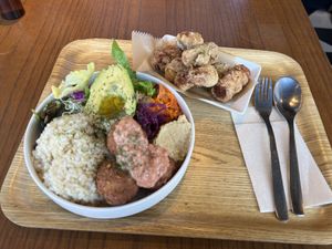 Buddha bowl with a side of karaage (half size)   at Optimus Cafe in Osaka