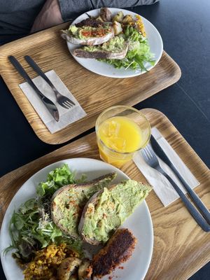 Breakfast plates (avocado swapped in for hummus)  at Optimus Cafe in Osaka