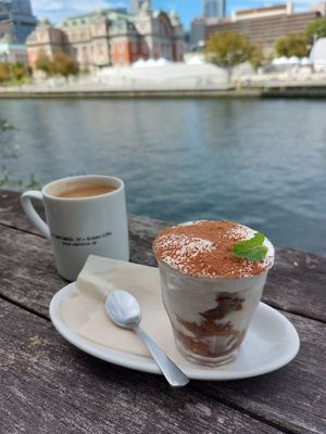 Tiramisu and Chai latte at Optimus Cafe in Osaka