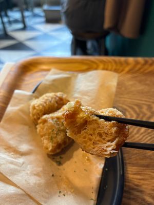Inside a piece of karaage at Optimus Cafe in Osaka