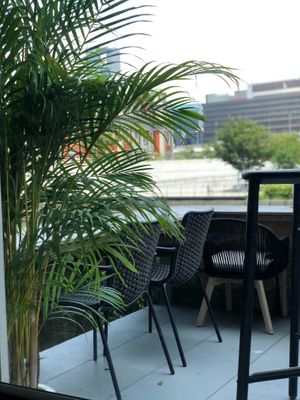 Riverside seats at Optimus Cafe in Osaka