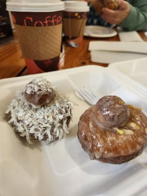 Vegan Coconut and Vegan Lemon donuts with a vegan Toasted Almond coffee! at Brooklyn Cafe in Wilmington