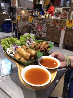 Thai spring rolls and vegan chicken   at So Vegan - Yaowarat​ in Bangkok