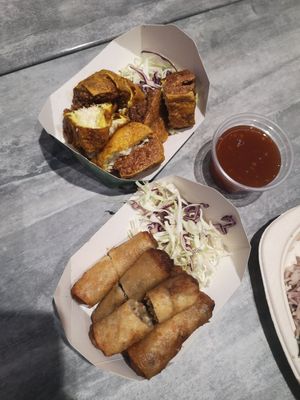 Fried soft tofu and spring rolls at So Vegan - Yaowarat​ in Bangkok