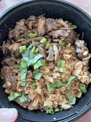 Rice topped with stir fried striped shiitake & TVP 😇 (I ordered from this restaurant everyday)   at So Vegan - Yaowarat​ in Bangkok