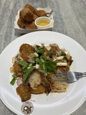 Tofu skins and some fried mushroom dish?  at So Vegan - Yaowarat​ in Bangkok