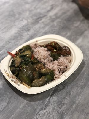 Rice with 2 dishes (spicy eggplant and fried vegan fish) at So Vegan - Yaowarat​ in Bangkok