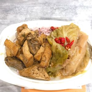 Tofu and shiitake mushroom stipes in sauce and cabbage stew with bean curd sheets.  at So Vegan - Yaowarat​ in Bangkok