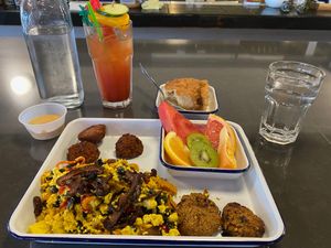 Southwest Scramble (tofu), with Caul Tots and Tempeh Sausage...also a sake Bloody Mary. at Hungry Pants in Orlando