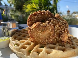 Chicken fried mushrooms with waffles only available on the weekends.  at Hungry Pants in Orlando