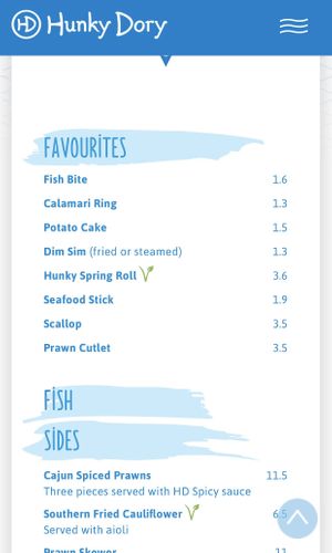 Menu at Hunky Dory in Bendigo