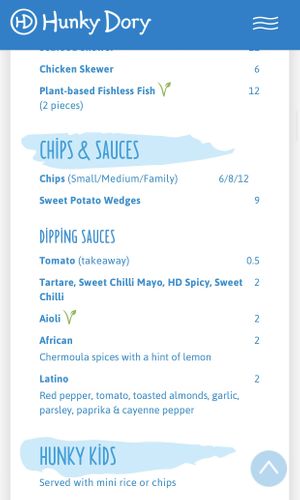 Menu at Hunky Dory in Bendigo