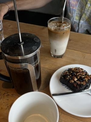 French press coffee and ice latte with brownie  at Ver De in Puerto Princesa