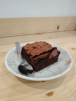 Vegan chocolate brownie with sweet ginger at Japonia in Barcelona