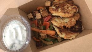 potato and carrot fritters, grilled vegetables and tofu, tartar sauce at Vanderveg in Ljubljana