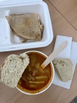 green beans soup with seitan and home made bread, pancakes with marmalade  at Vanderveg in Ljubljana