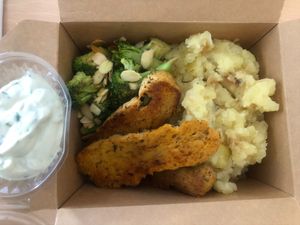 seitan steaks with roasted mashed potatoes, baked broccoli with almods, tartar sauce at Vanderveg in Ljubljana