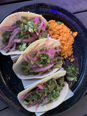 Cactus and mushroom tacos with beans and rice  at Tamale Company in Orlando