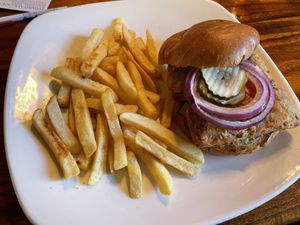 Vegan ‘chicken’ (tofu) burger. Order without the slaw to make vegan  at Kilauea Lodge in Volcano