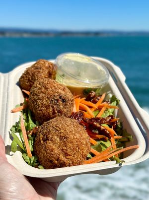 Lions Mane Crab Cake salad  at Far West Fungi in Santa Cruz
