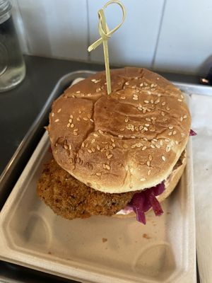 Nashville lions mane sandwich with the vegan/sesame bun  at Far West Fungi in Santa Cruz