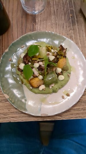 Main dish with leeks, mushrooms, brussel sprouts etc at Locafé in Grenoble