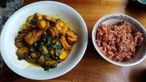Banana and tofu dish + red rice at Bodhi in Hanoi