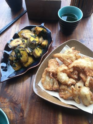 Green bananas and mushrooms  at Bodhi in Hanoi