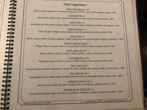 Menu vegetarian  at Taj Mahal in San Jose