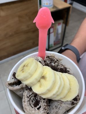 My bf got cookies and creme with Oreo and banana toppings at Sweet Creams in Honolulu