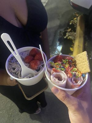 Strawberry shortcake and cookies and cream rolled ice cream  at Sweet Creams in Honolulu