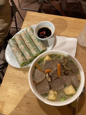 Vegan beef pho and vegan shrimp summer rolls  at Huong Viet in Hanoi