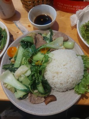 'Beef' and veggies with rice. at Huong Viet in Hanoi