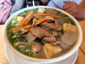 Rice noodles with vegan beef at Huong Viet in Hanoi