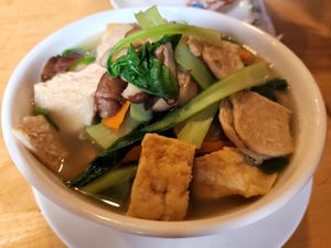 Wheat noodles with vegan chicken at Huong Viet in Hanoi