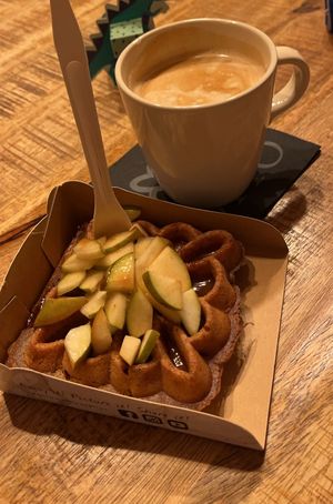 Waffle with pear and caramell  at Otto Waffle Atelier in Bruges