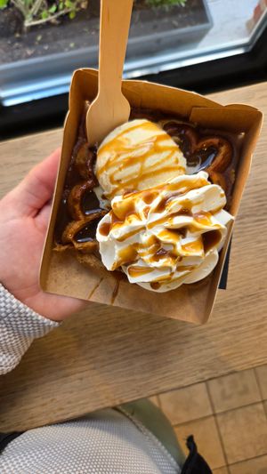 Caramel, vanilla ice cream and whipped cream at Otto Waffle Atelier in Bruges