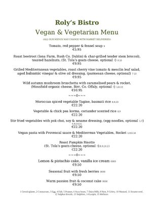 A la carte menu, Dec 2019. at Roly's Bistro in Dublin