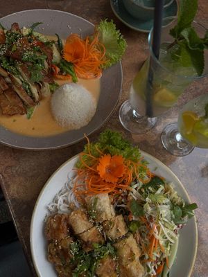 Vegane Ente mit rotem Curry und Frühlingsrollen mit einem frischen Salat at Nón Café et Cuisine in Siegen