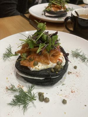 “Salmon” lox and charcoal pancakes 😍 at The Quirk Space in Olney