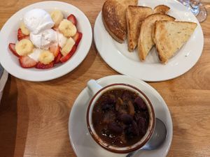 Bean soup, toast, fruit at Portia's Diner in Clintonville