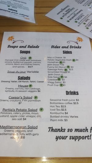 Menu at Portia's Diner in Clintonville