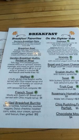 Menu at Portia's Diner in Clintonville