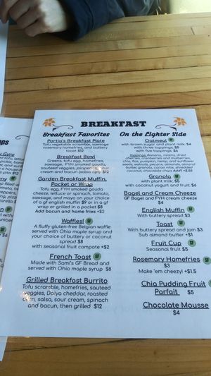 Menu at Portia's Diner in Clintonville