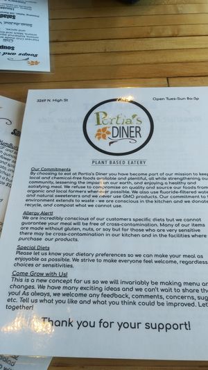 Menu at Portia's Diner in Clintonville