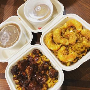 Mac N Cheeze bowls, one with ribs one buffalo shrimp  at Compton Vegan in Carson